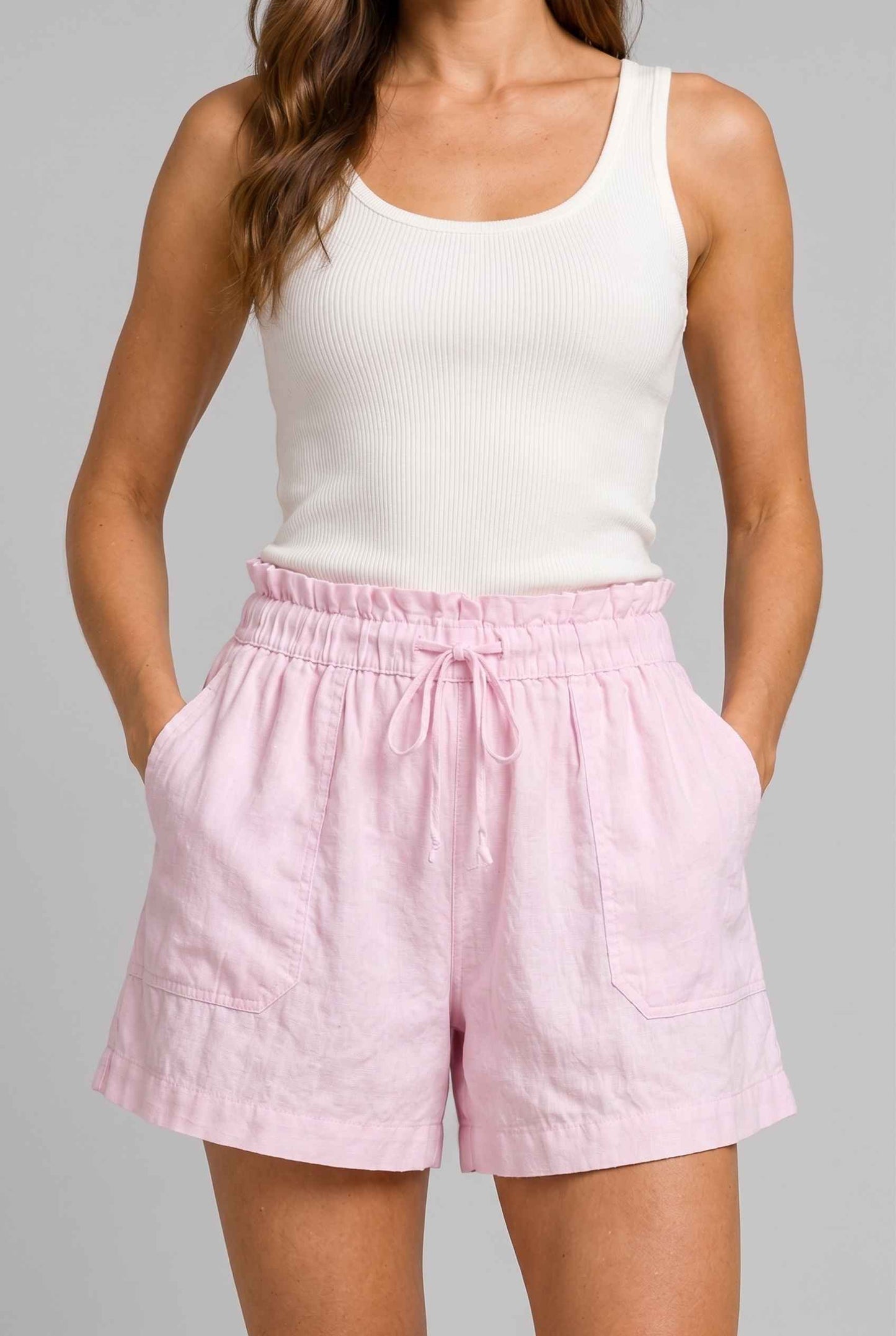Virtual Model wearing The Primrose Paperbag Short High-Waisted Pink Textured Shorts