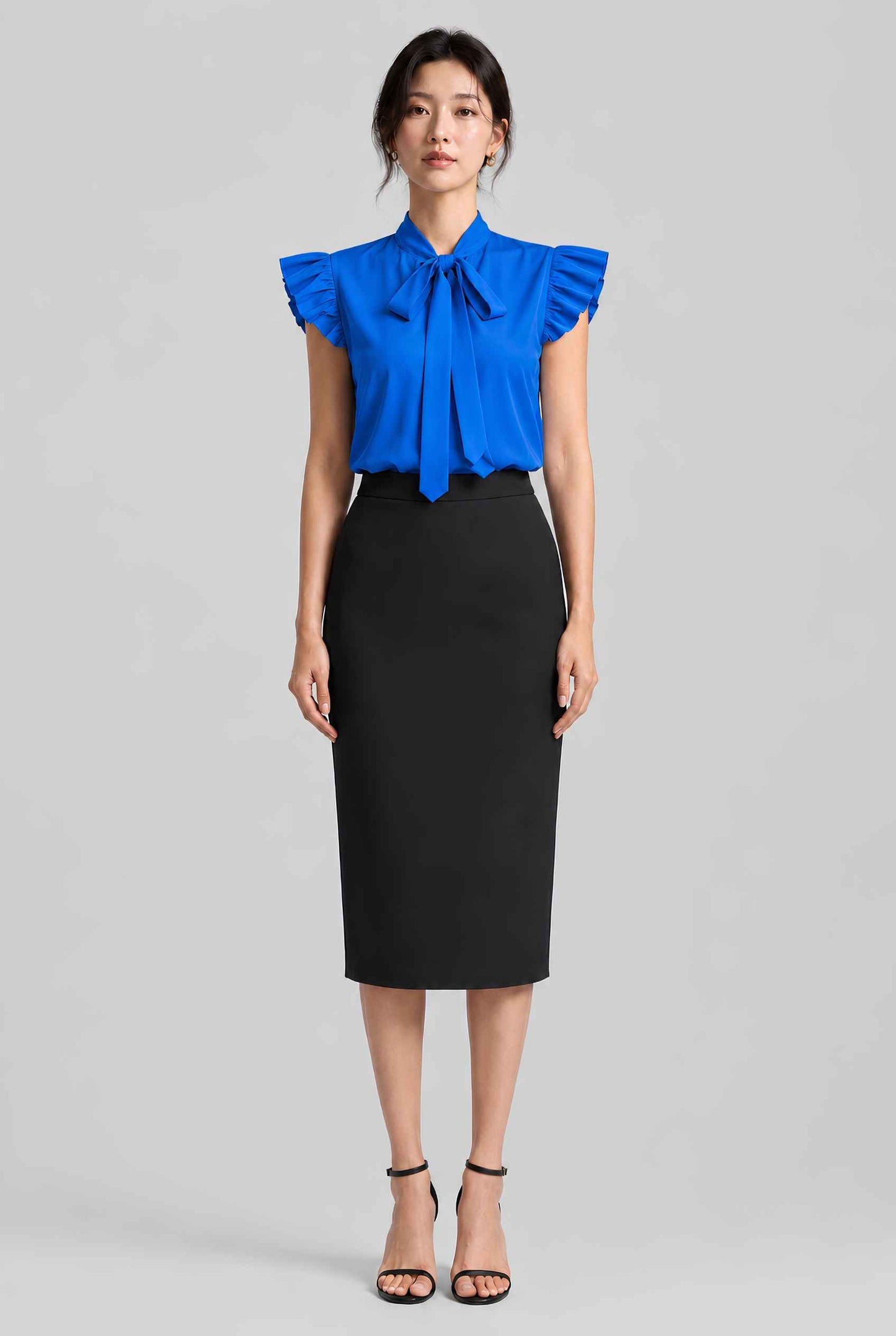 Virtual model wearing The Ramona Tied Blouse Bow Tie-Up Flutter Sleeve Blouse in Blue
