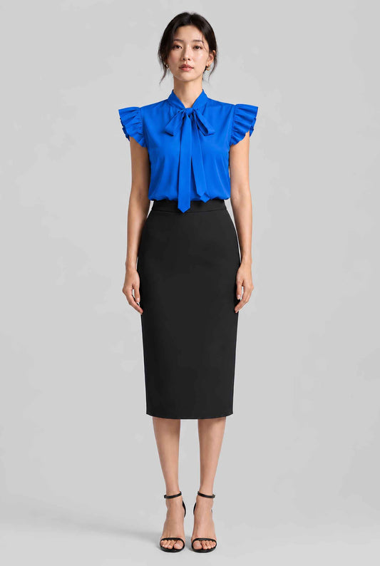 Virtual model wearing The Ramona Tied Blouse Bow Tie-Up Flutter Sleeve Blouse in Blue