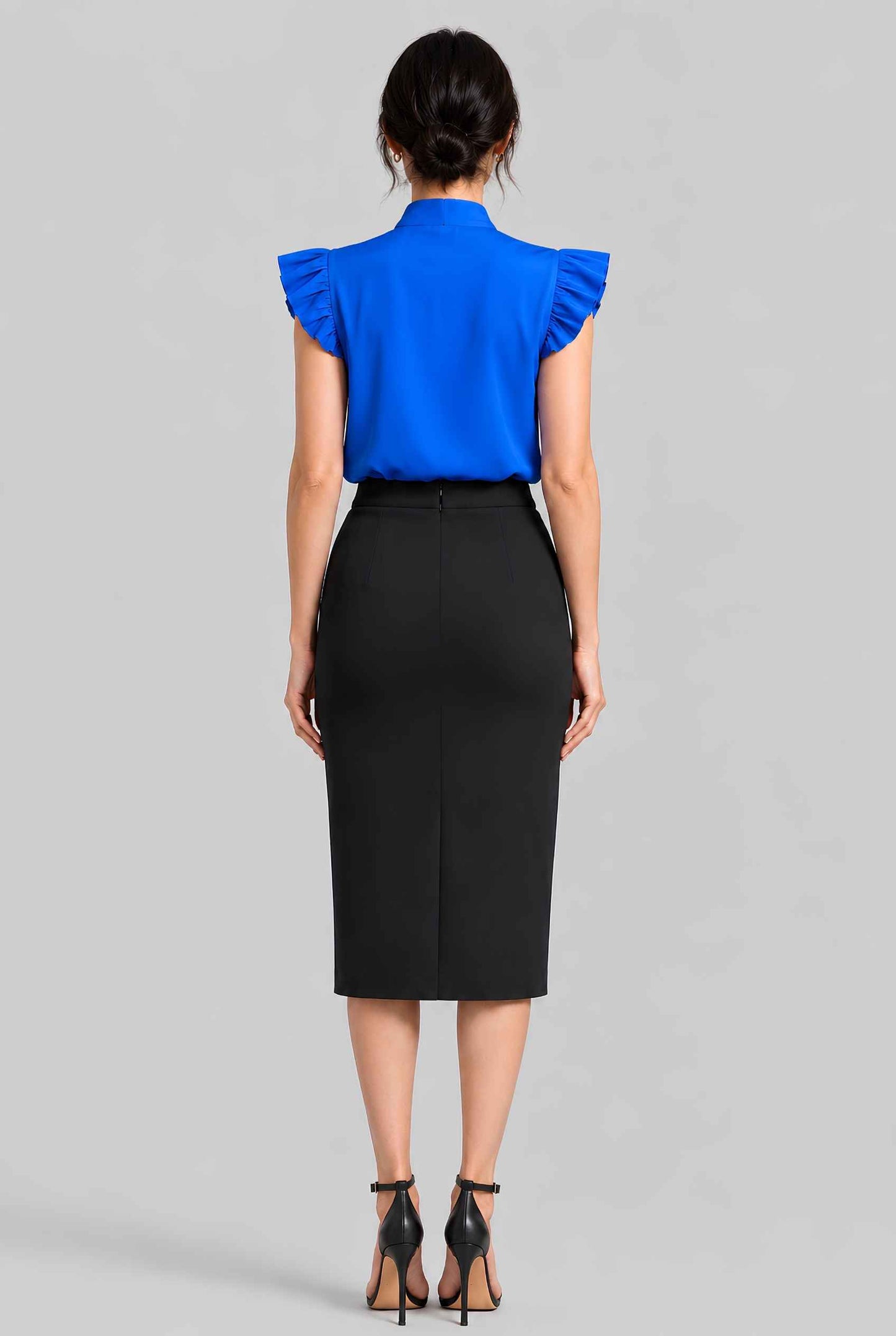 Virtual model wearing The Ramona Tied Blouse Bow Tie-Up Flutter Sleeve Blouse in Blue