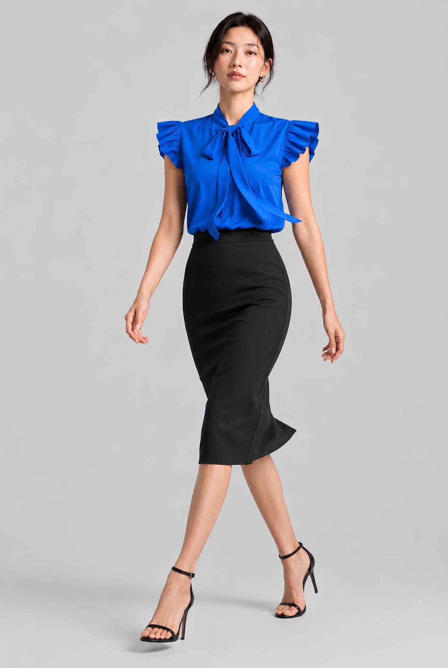 Virtual model wearing The Ramona Tied Blouse Bow Tie-Up Flutter Sleeve Blouse in Blue