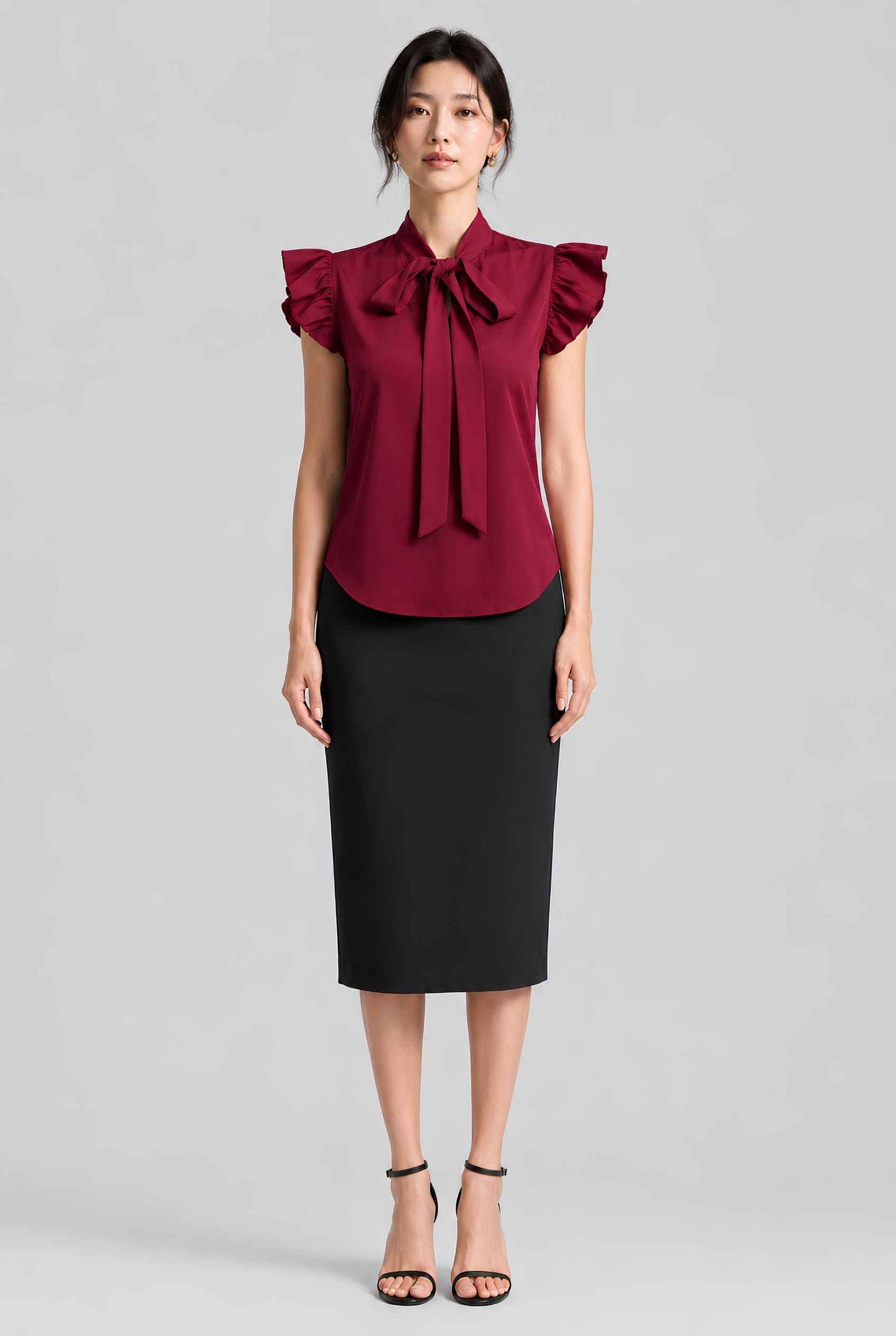 Virtual model wearing The Ramona Tied Blouse Bow Tie-Up Flutter Sleeve Blouse in Burgundy