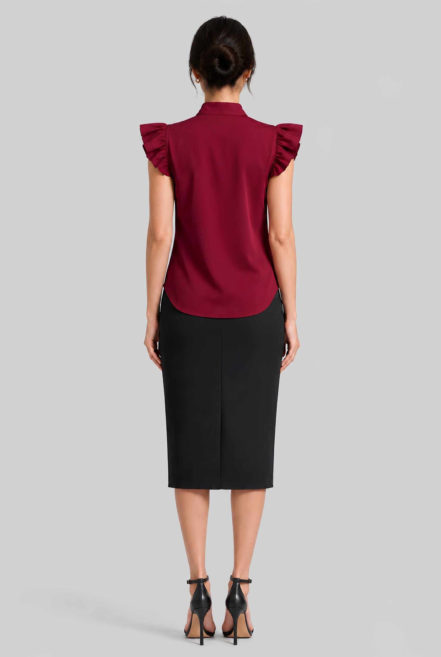 Virtual model wearing The Ramona Tied Blouse Bow Tie-Up Flutter Sleeve Blouse in Burgundy