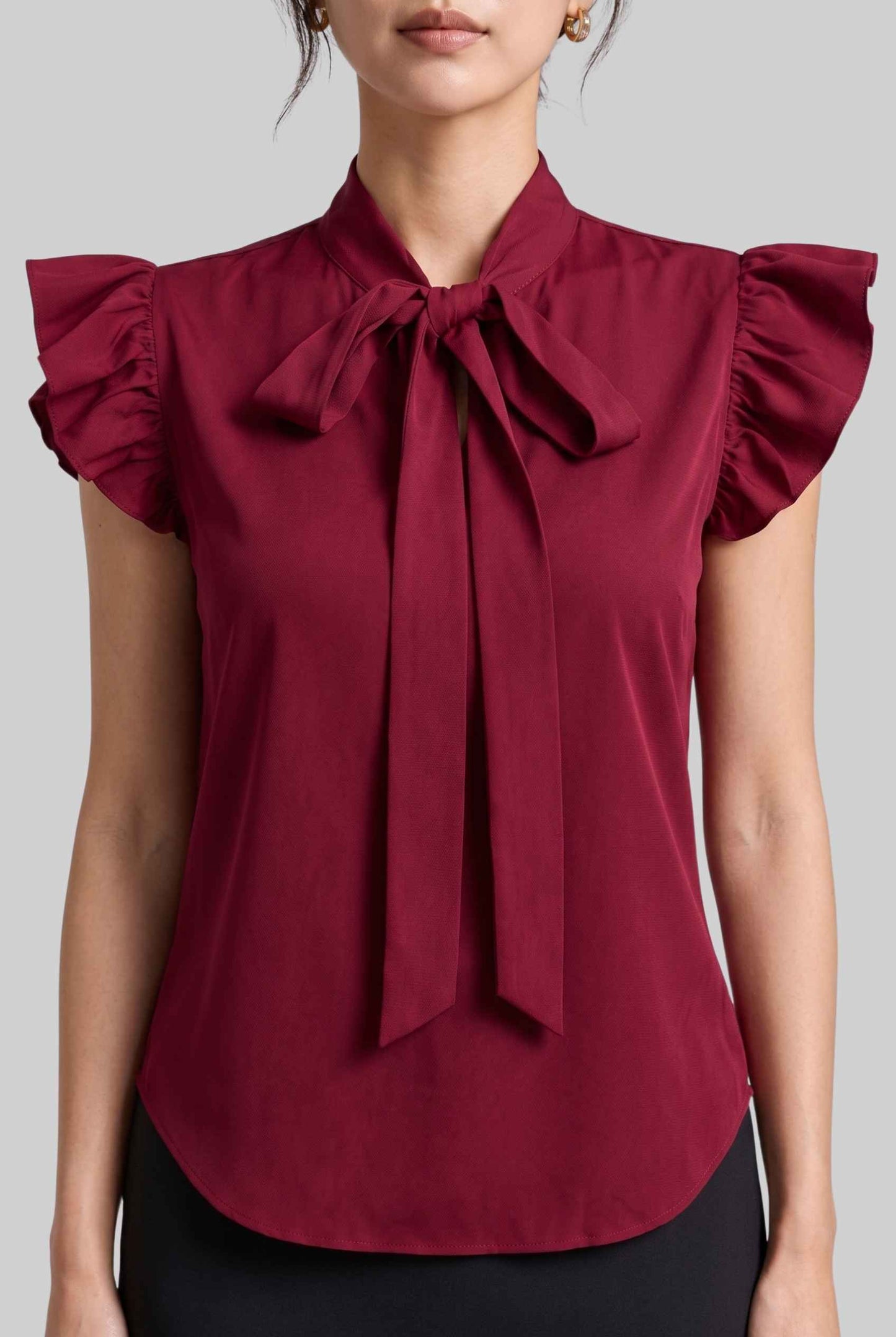 Virtual model wearing The Ramona Tied Blouse Bow Tie-Up Flutter Sleeve Blouse in Burgundy