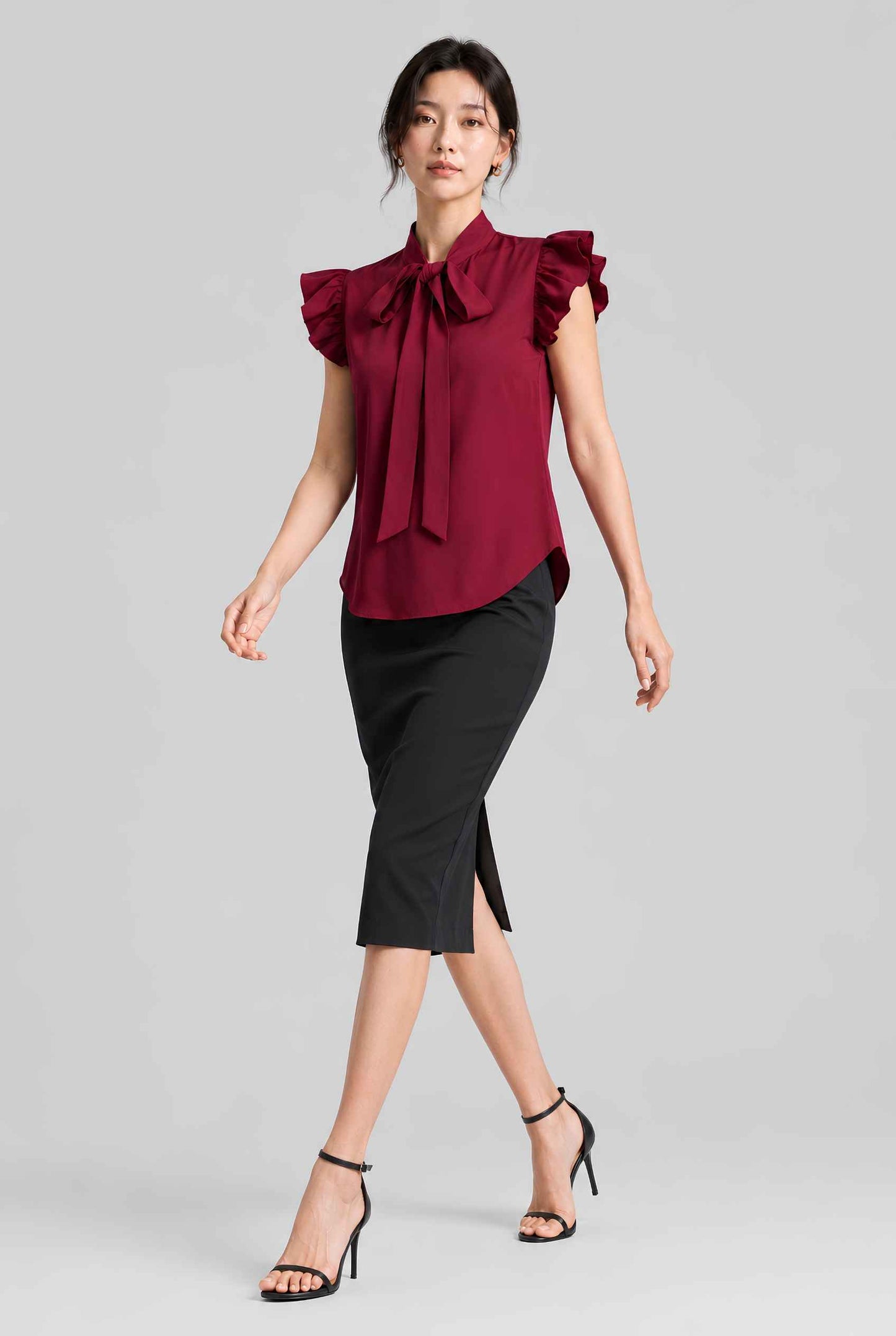 Virtual model wearing The Ramona Tied Blouse Bow Tie-Up Flutter Sleeve Blouse in Burgundy