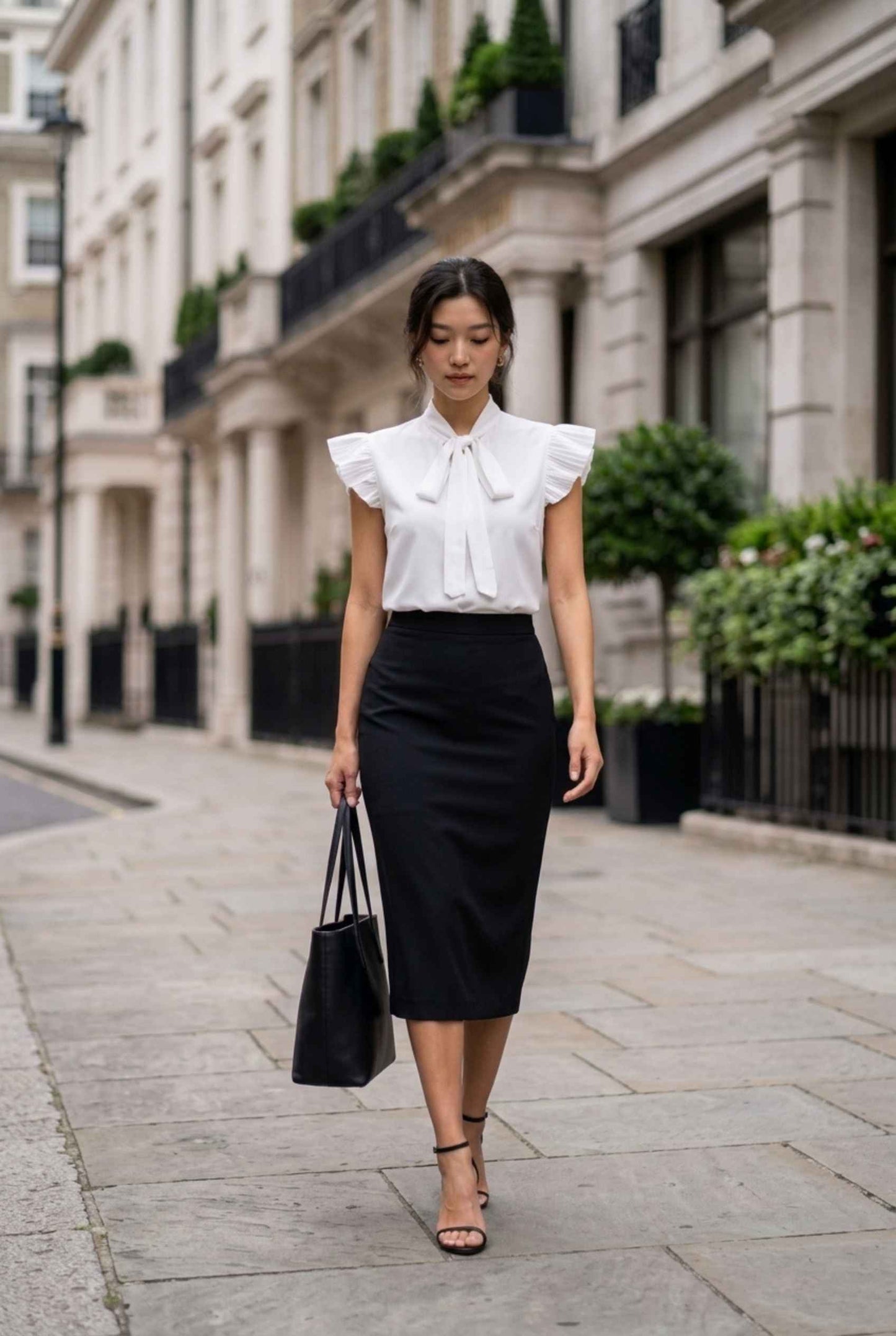 Virtual model wearing The Ramona Tied Blouse Bow Tie-Up Flutter Sleeve Blouse in White