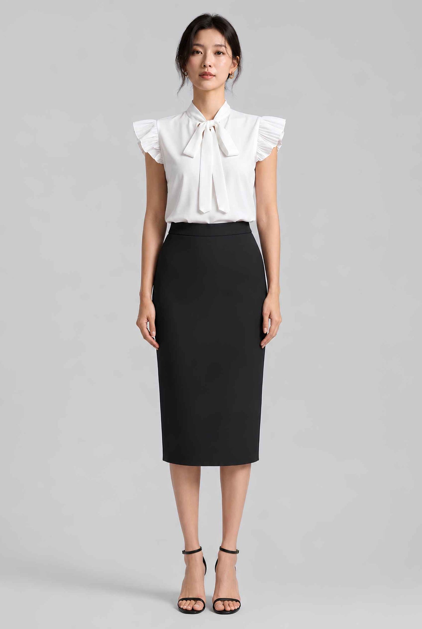Virtual model wearing The Ramona Tied Blouse Bow Tie-Up Flutter Sleeve Blouse in White