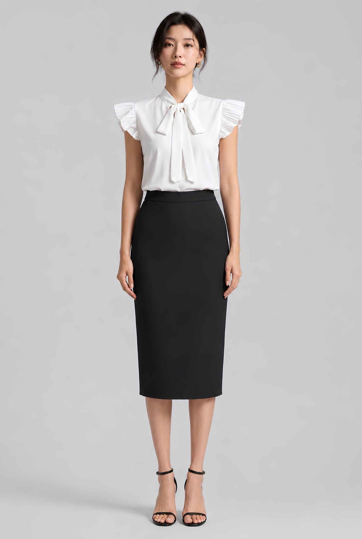 Virtual model wearing The Ramona Tied Blouse Bow Tie-Up Flutter Sleeve Blouse in White