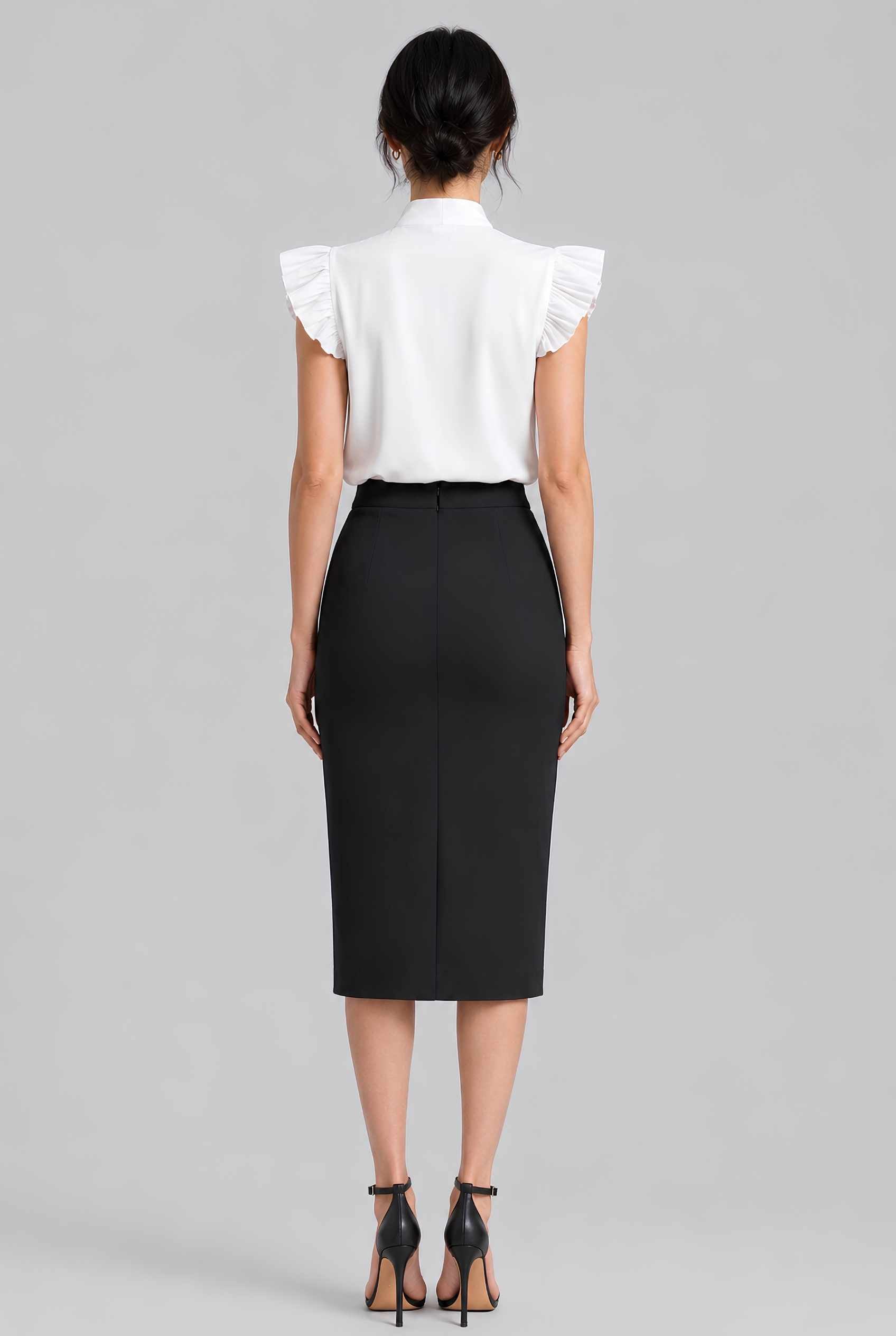 Virtual model wearing The Ramona Tied Blouse Bow Tie-Up Flutter Sleeve Blouse in White