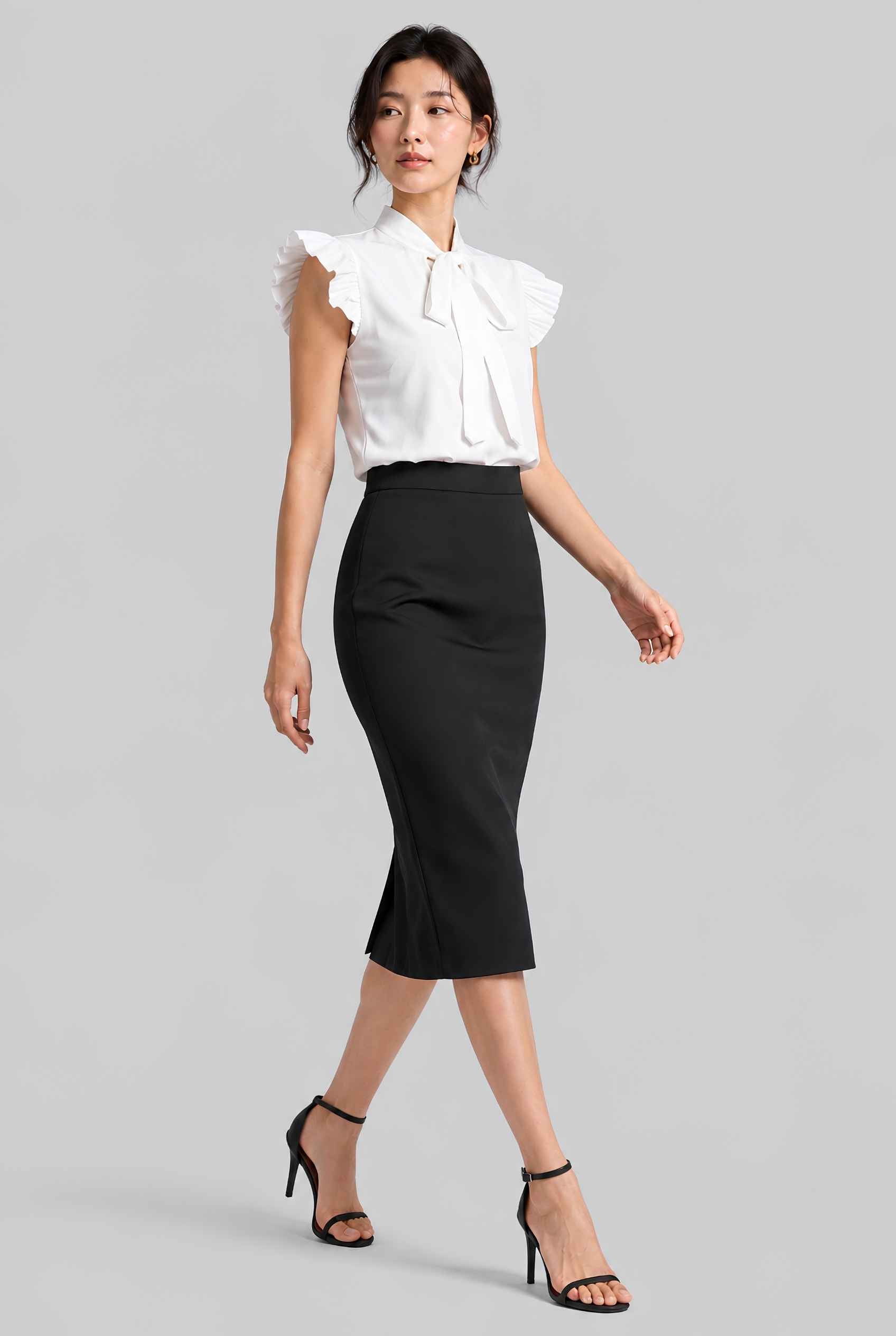 Virtual model wearing The Ramona Tied Blouse Bow Tie-Up Flutter Sleeve Blouse in White