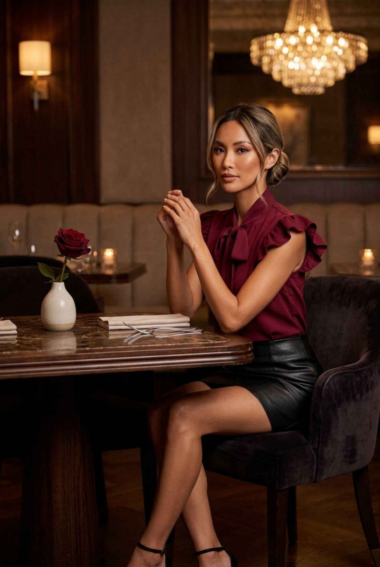 Virtual model wearing The Ramona Tied Blouse Bow Tie-Up Flutter Sleeve Blouse in Burgundy