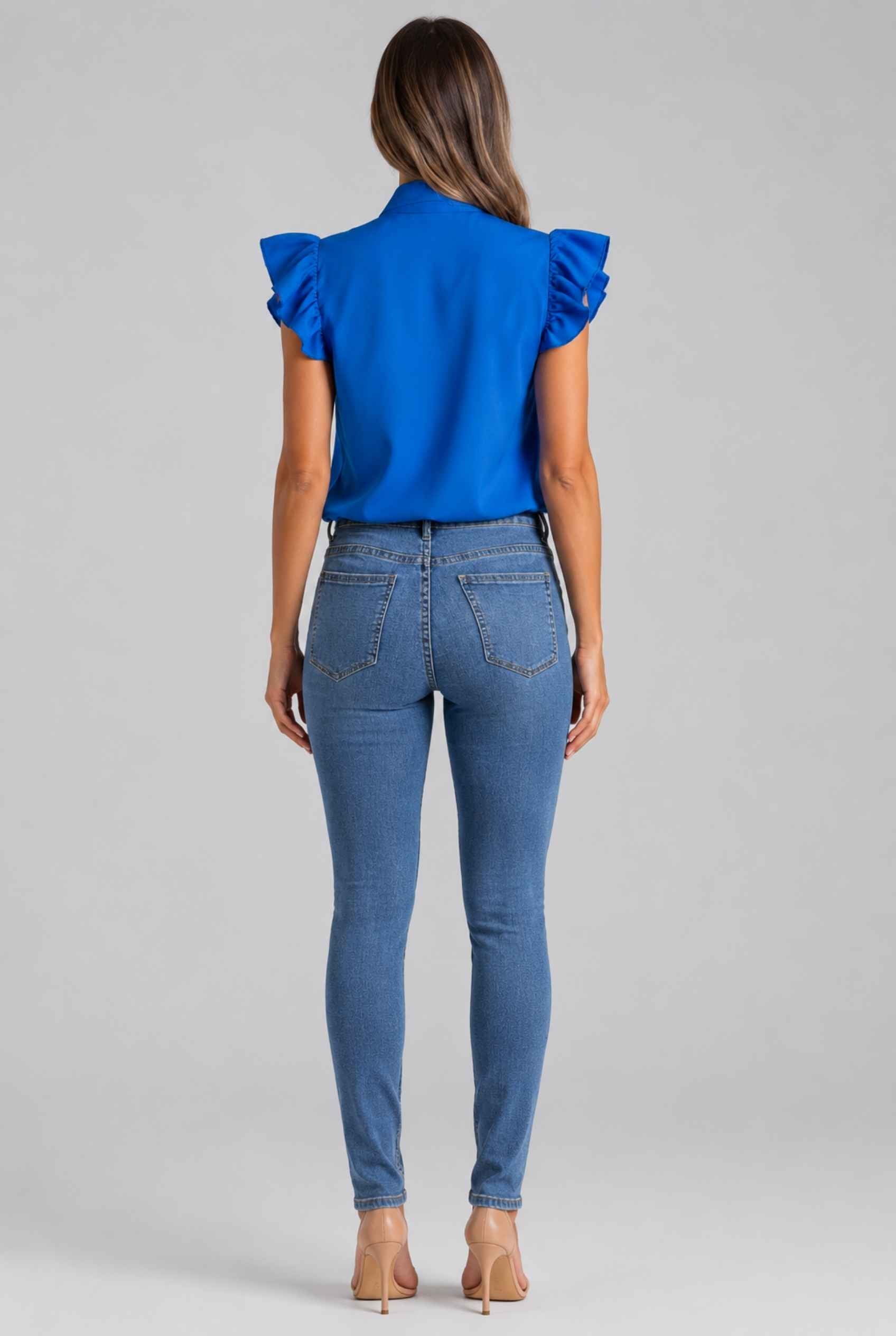 Virtual Modal wearing The Ramona Tied Blouse Tie-Neck Flutter Blue Sleeve Blouse