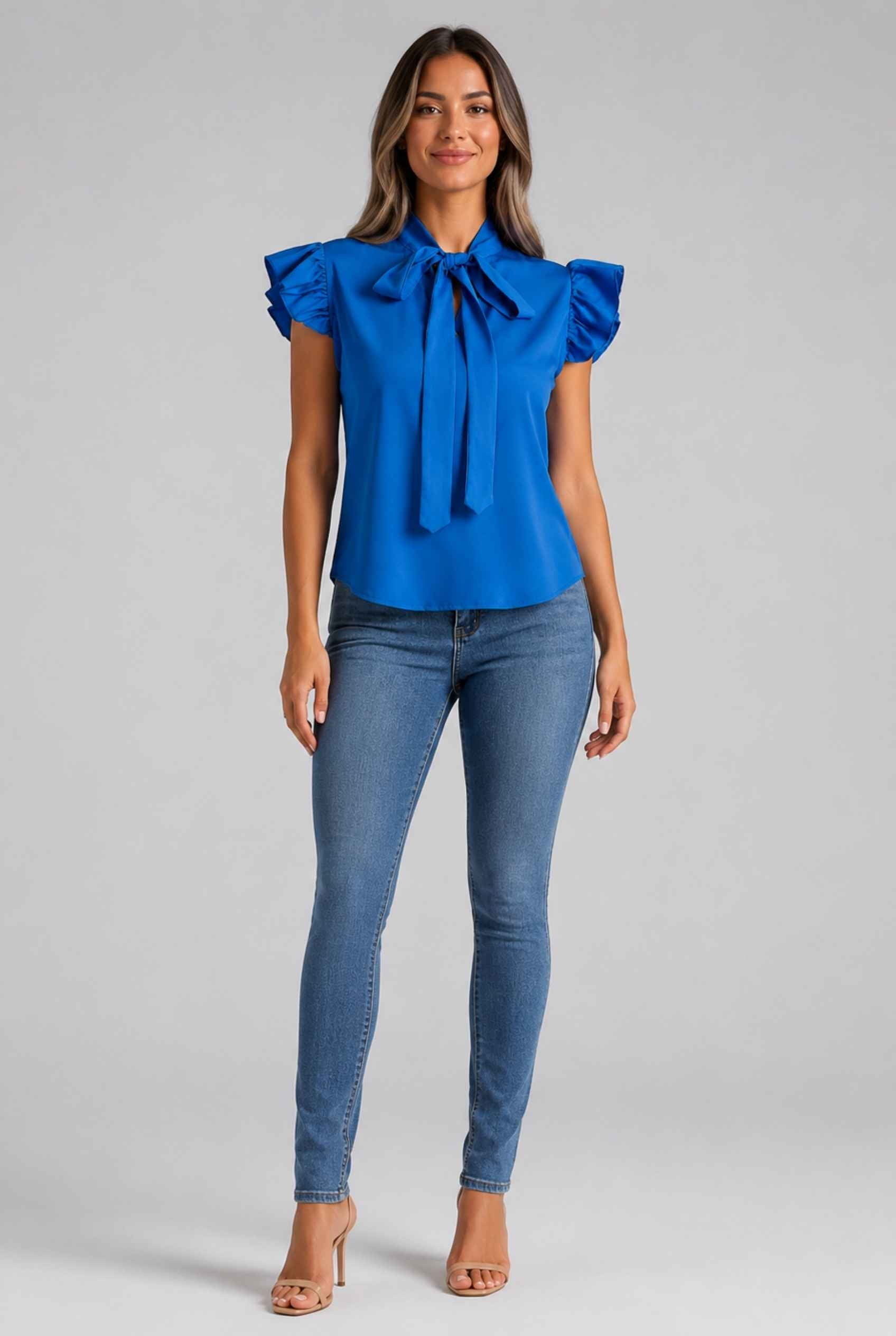 Virtual Modal wearing The Ramona Tied Blouse Tie-Neck Flutter Blue Sleeve Blouse