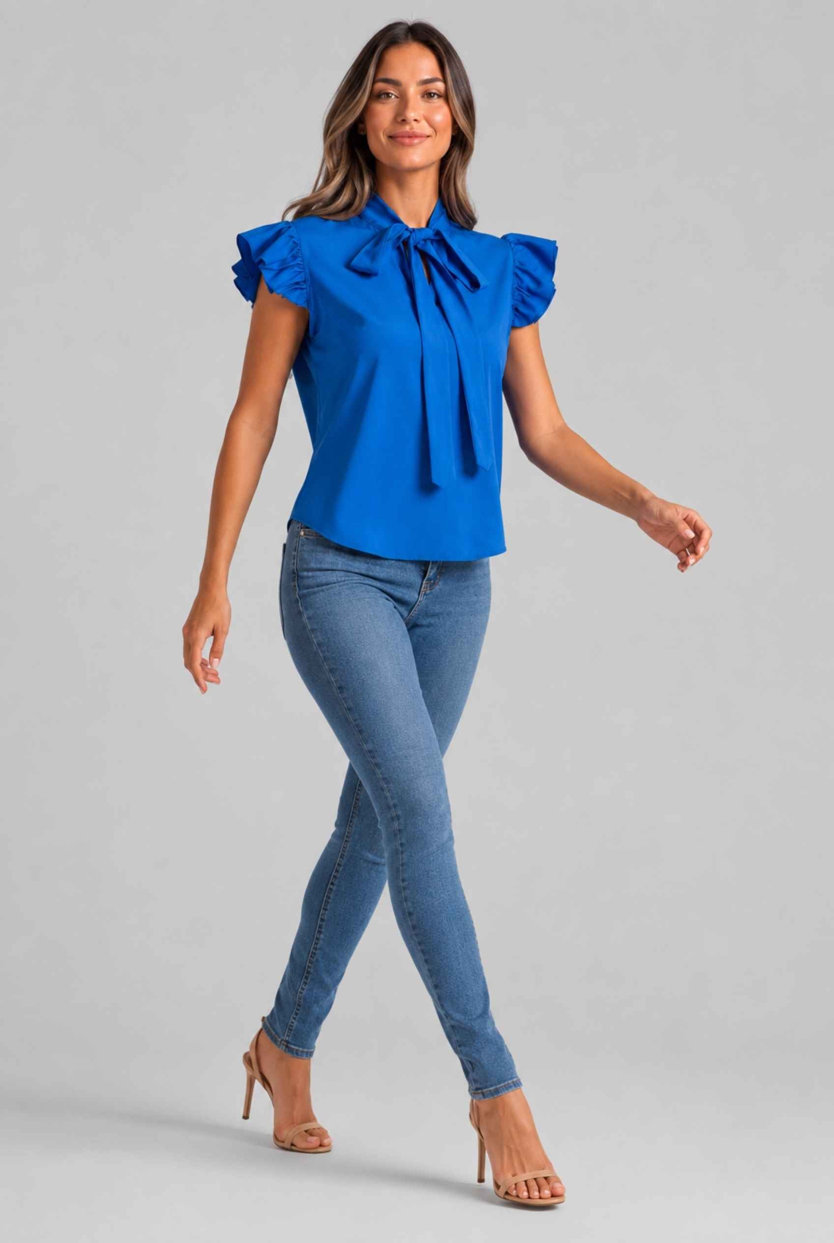 Virtual Modal wearing The Ramona Tied Blouse Tie-Neck Flutter Blue Sleeve Blouse