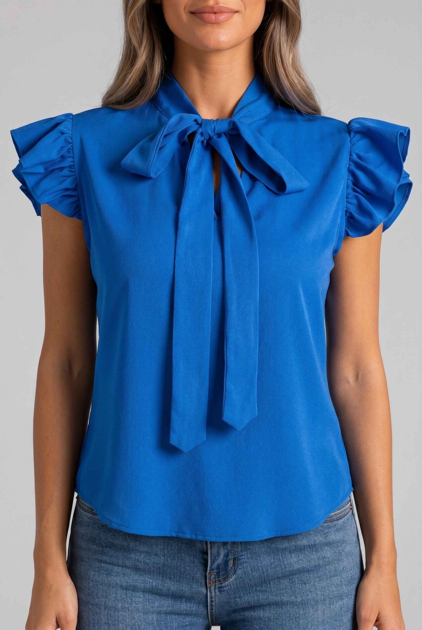 Virtual Modal wearing The Ramona Tied Blouse Tie-Neck Flutter Blue Sleeve Blouse