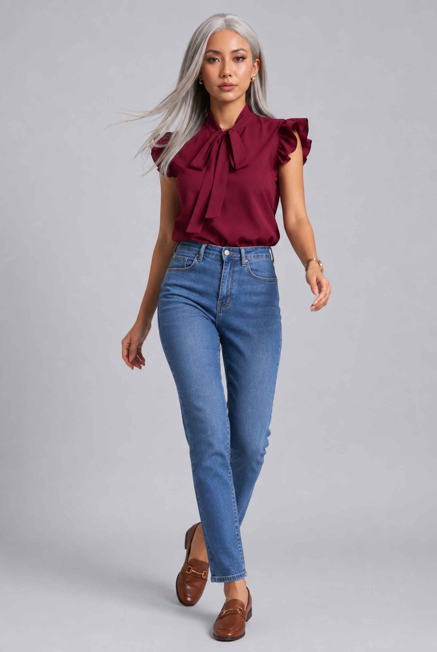 Virtual Modal wearing The Ramona Tied Blouse Tie-Neck Flutter Burgundy Sleeve Blouse