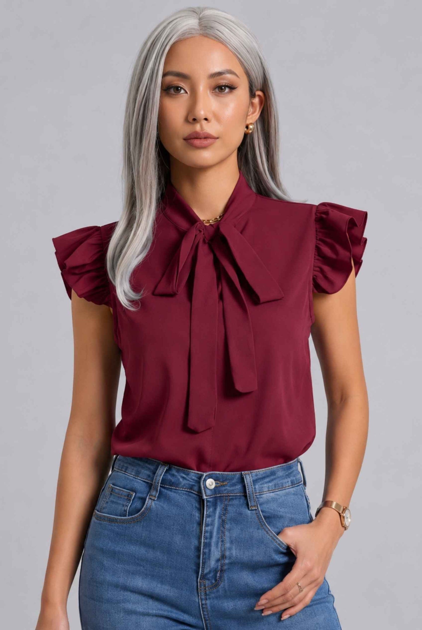 Virtual Modal wearing The Ramona Tied Blouse Tie-Neck Flutter Burgundy Sleeve Blouse