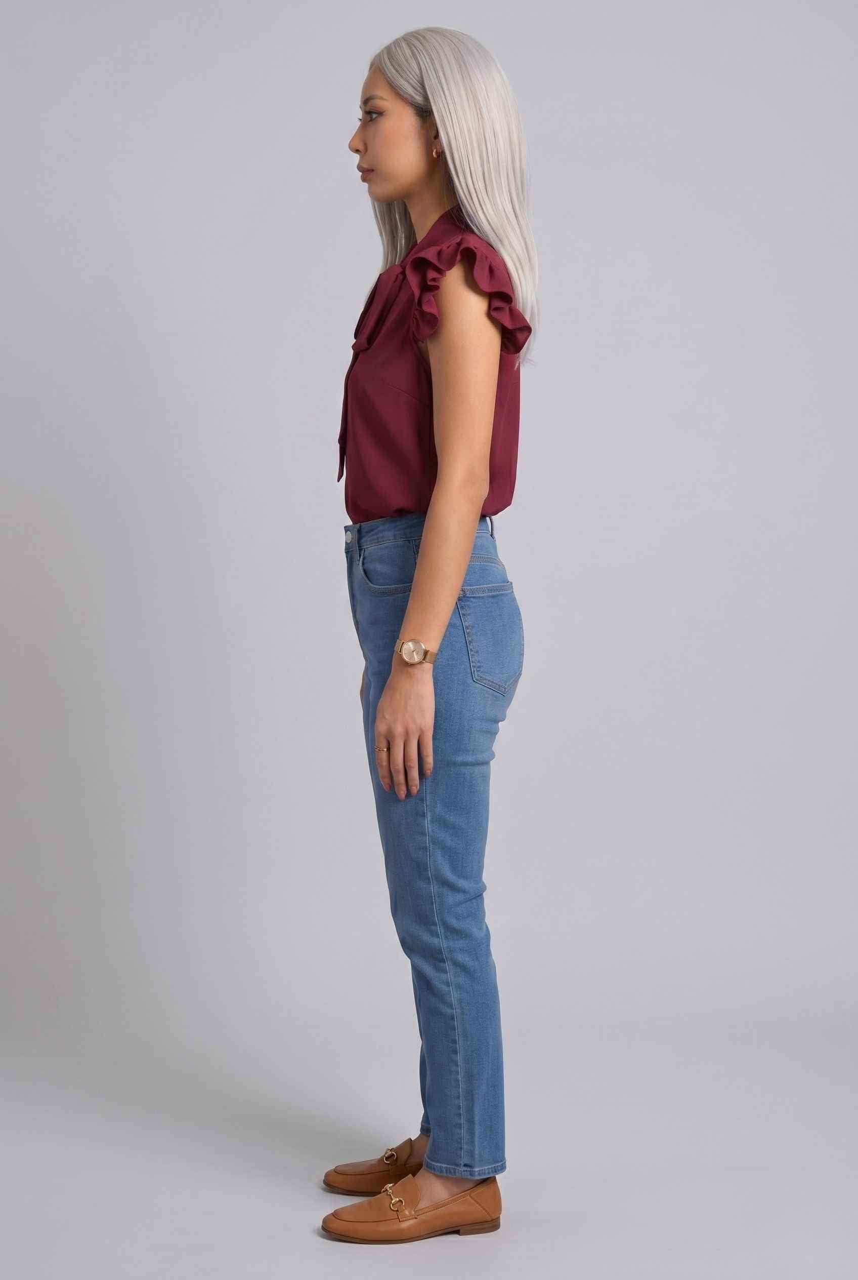 Virtual Modal wearing The Ramona Tied Blouse Tie-Neck Flutter Burgundy Sleeve Blouse