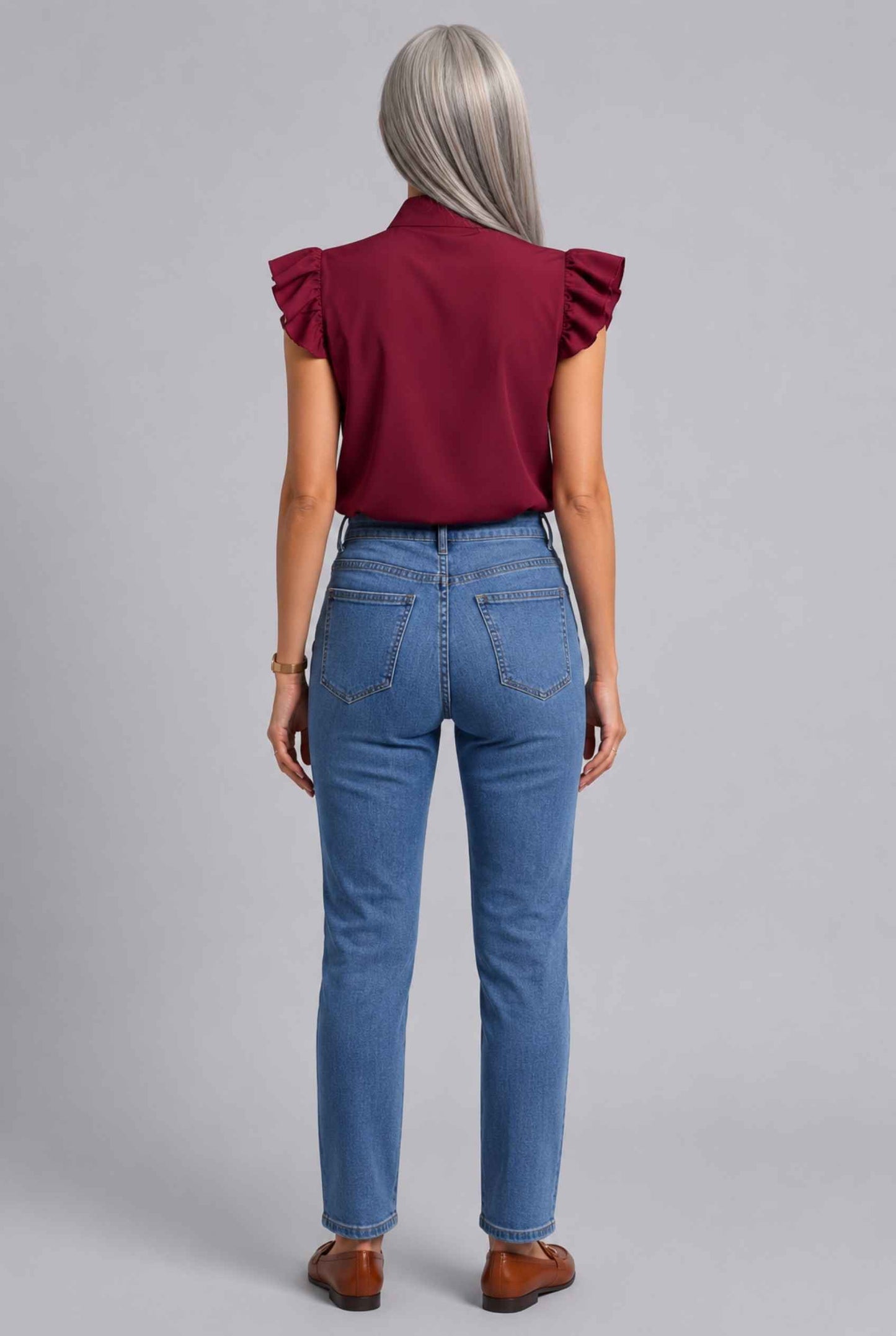 Virtual Modal wearing The Ramona Tied Blouse Tie-Neck Flutter Burgundy Sleeve Blouse