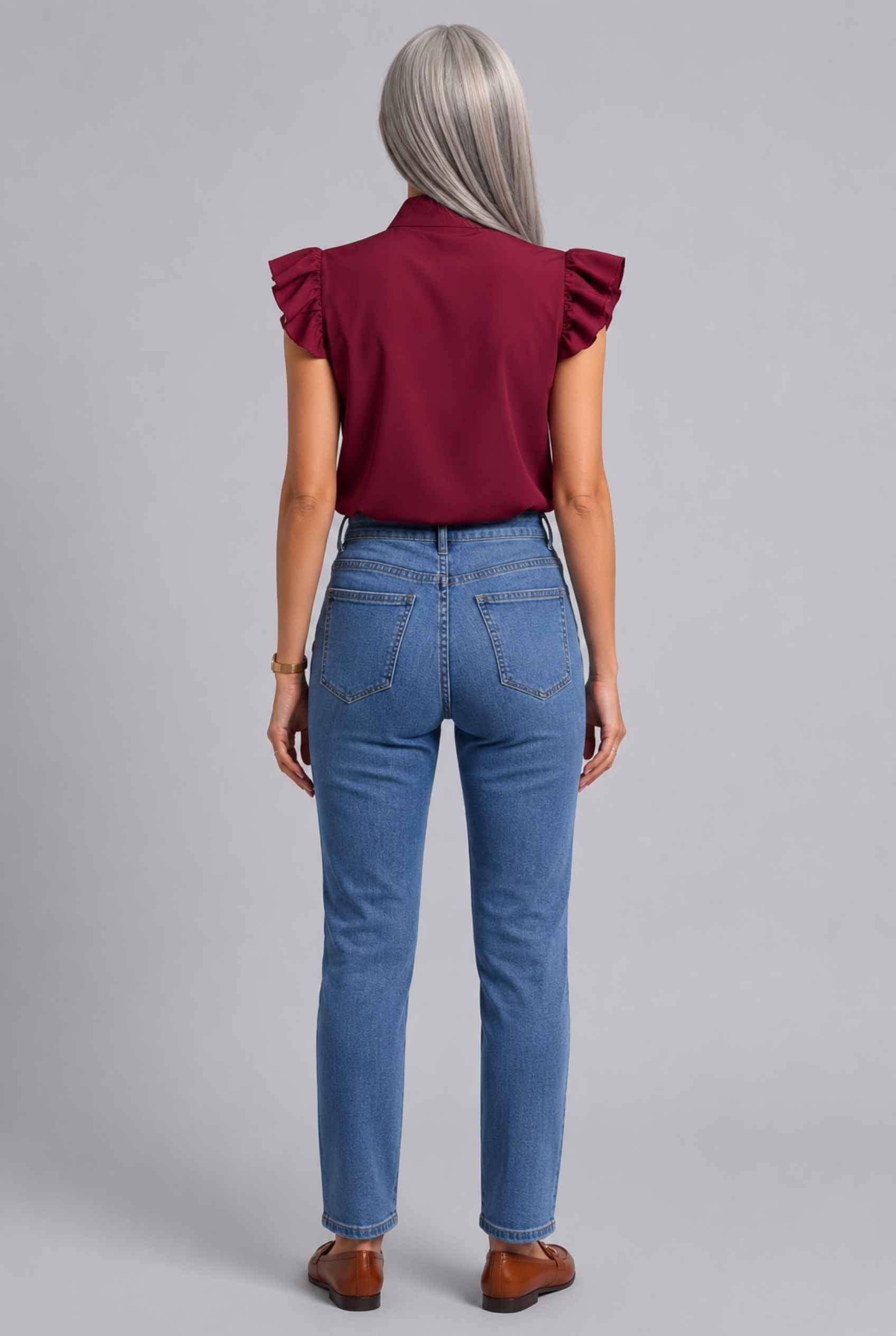 Virtual Modal wearing The Ramona Tied Blouse Tie-Neck Flutter Burgundy Sleeve Blouse