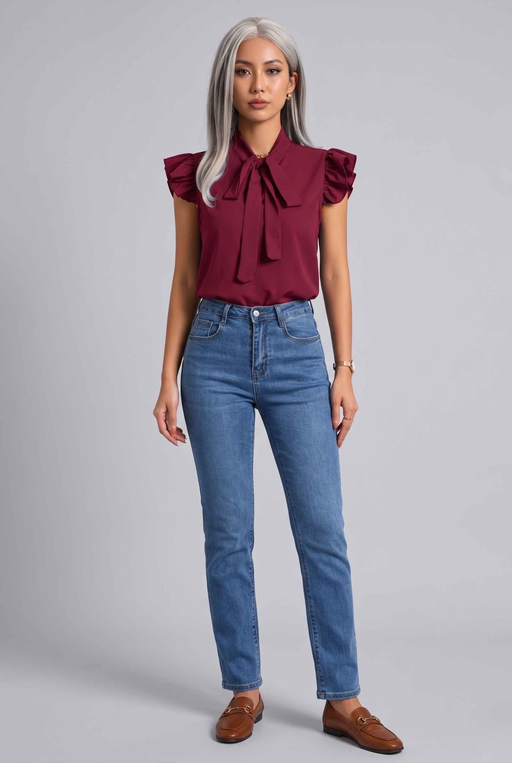 Virtual Modal wearing The Ramona Tied Blouse Tie-Neck Flutter Burgundy Sleeve Blouse