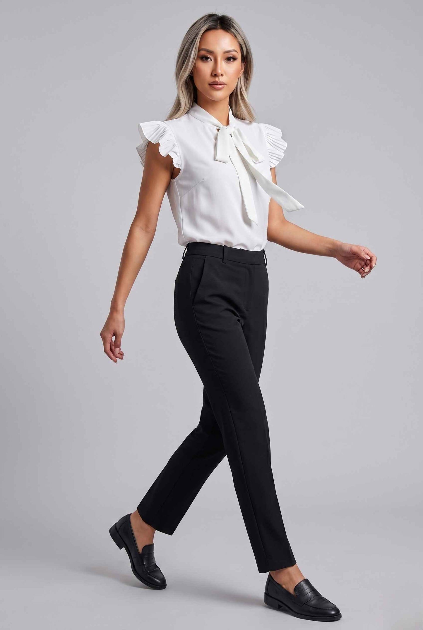Virtual Modal wearing The Ramona Tied Blouse Tie-Neck Flutter White Sleeve Blouse