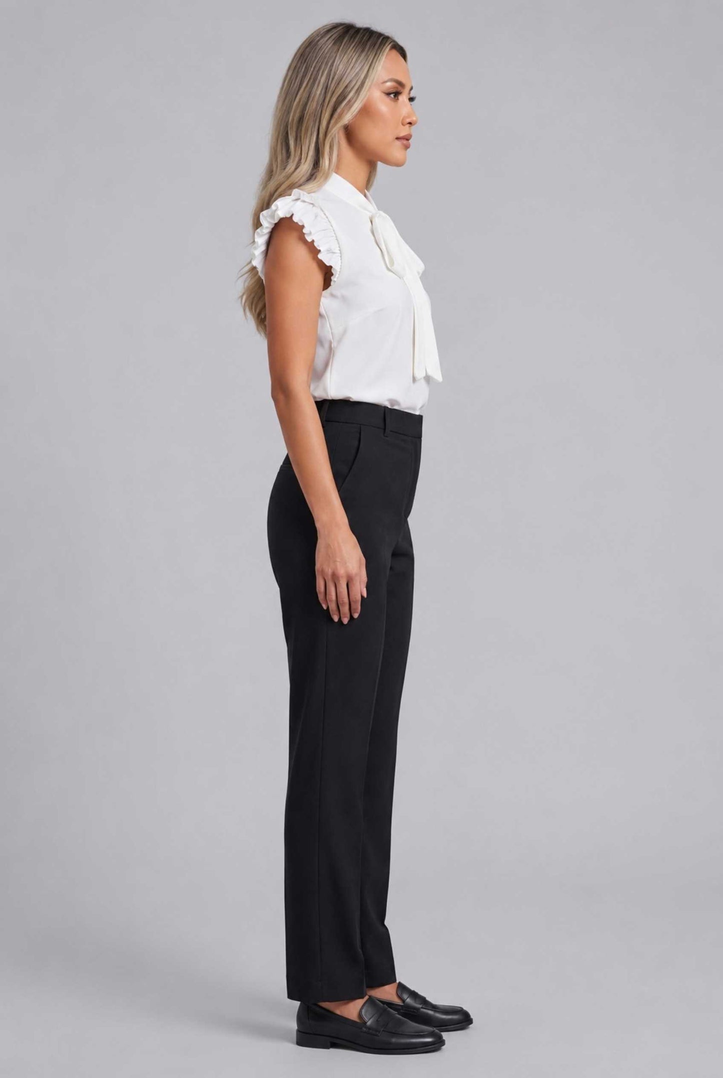 Virtual Modal wearing The Ramona Tied Blouse Tie-Neck Flutter White Sleeve Blouse