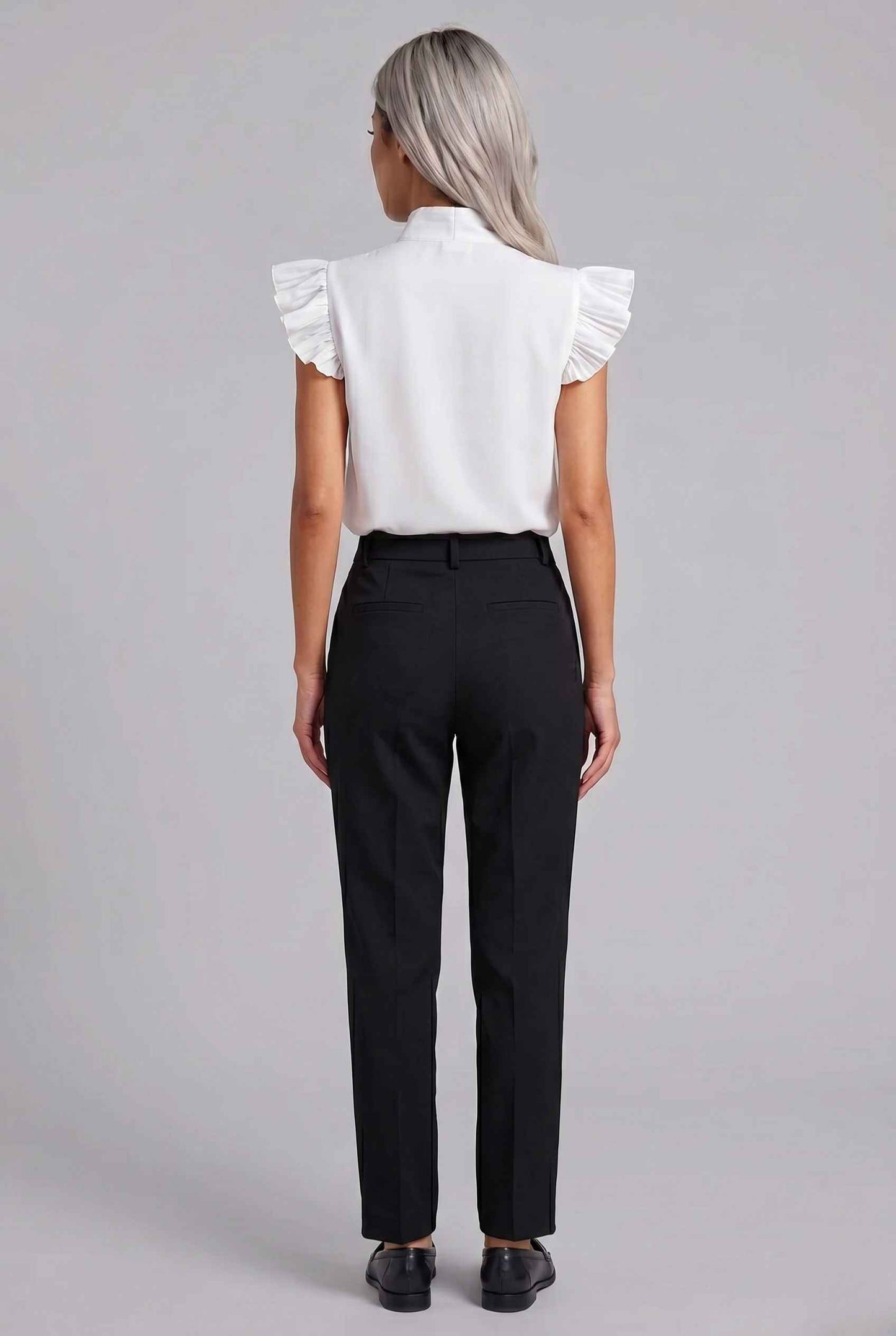 Virtual Modal wearing The Ramona Tied Blouse Tie-Neck Flutter White Sleeve Blouse
