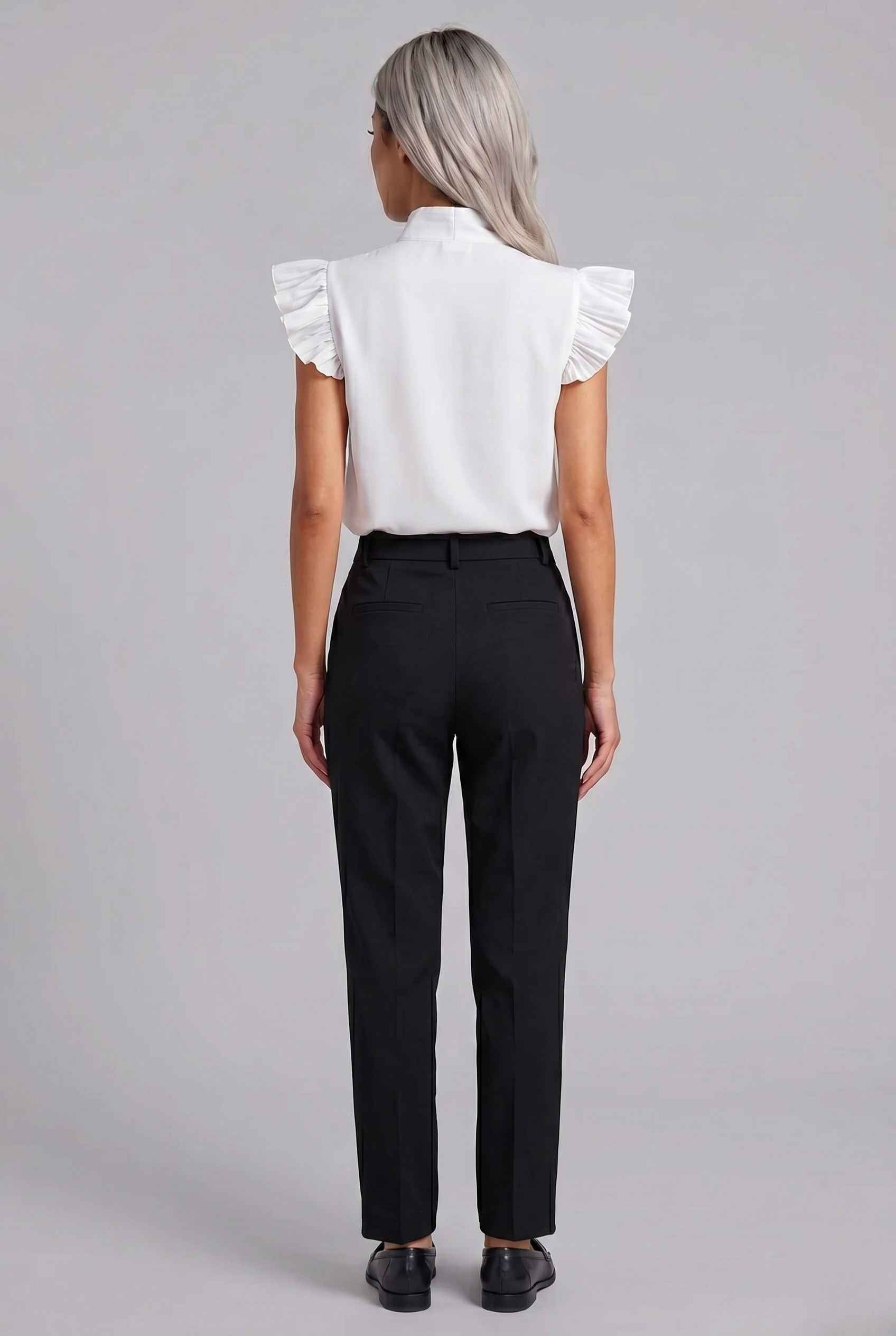 Virtual Modal wearing The Ramona Tied Blouse Tie-Neck Flutter White Sleeve Blouse