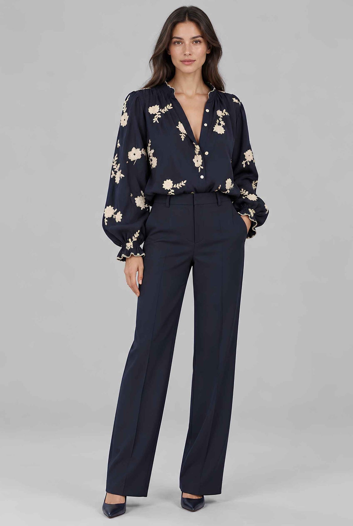 Virtual model wearing The Romilly Embroidered Blouse Embroidered Floral Ruffled Blouse Navy