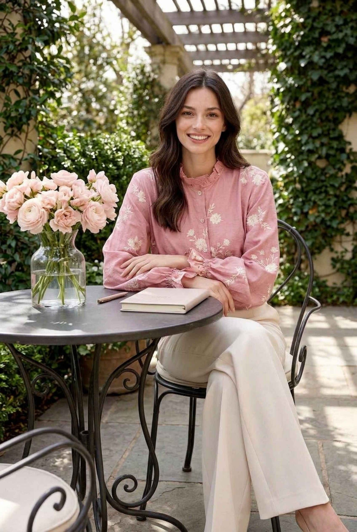 Virtual model wearing The Romilly Embroidered Blouse Embroidered Floral Ruffled Blouse Pink
