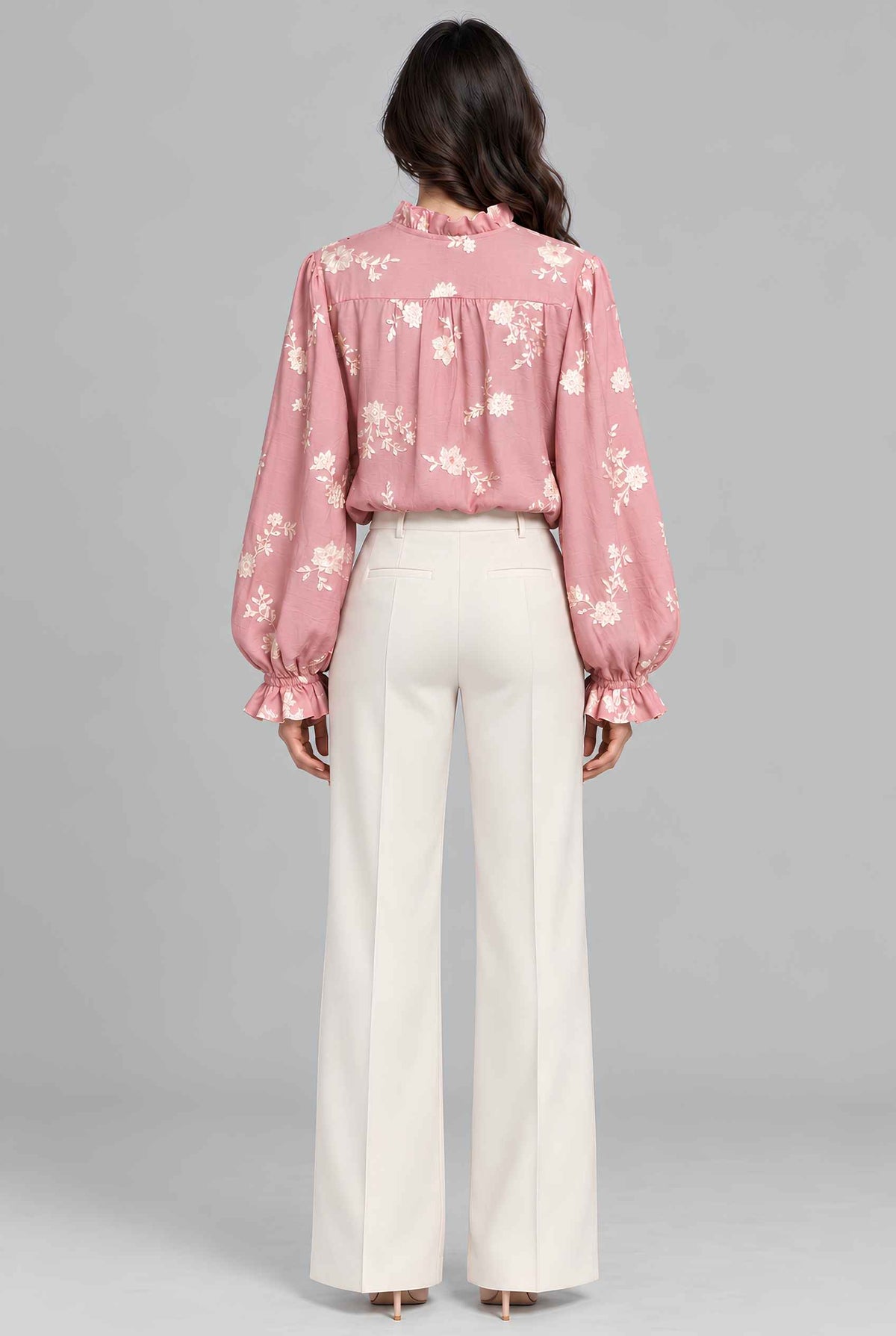 Virtual model wearing The Romilly Embroidered Blouse Embroidered Floral Ruffled Blouse Pink