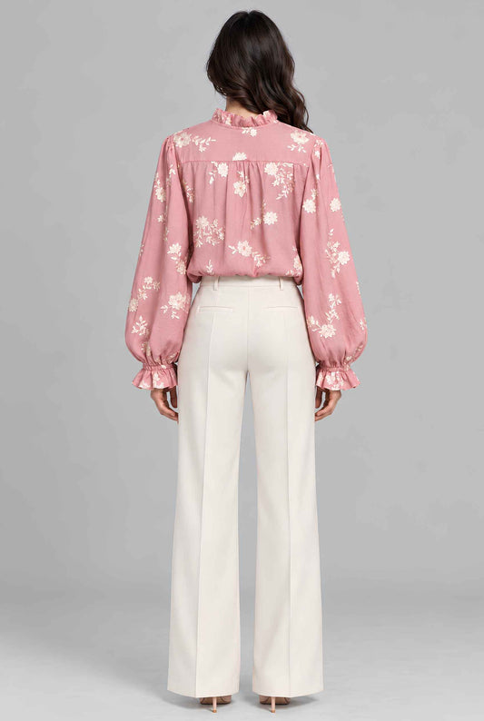 Virtual model wearing The Romilly Embroidered Blouse Embroidered Floral Ruffled Blouse Pink
