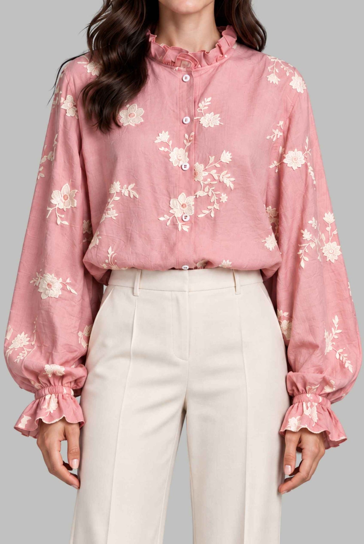 Virtual model wearing The Romilly Embroidered Blouse Embroidered Floral Ruffled Blouse Pink