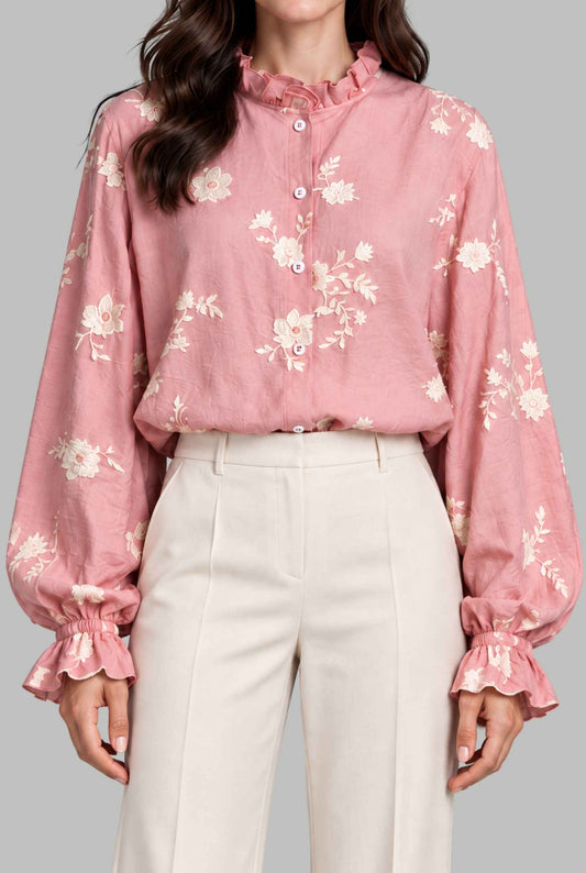 Virtual model wearing The Romilly Embroidered Blouse Embroidered Floral Ruffled Blouse Pink