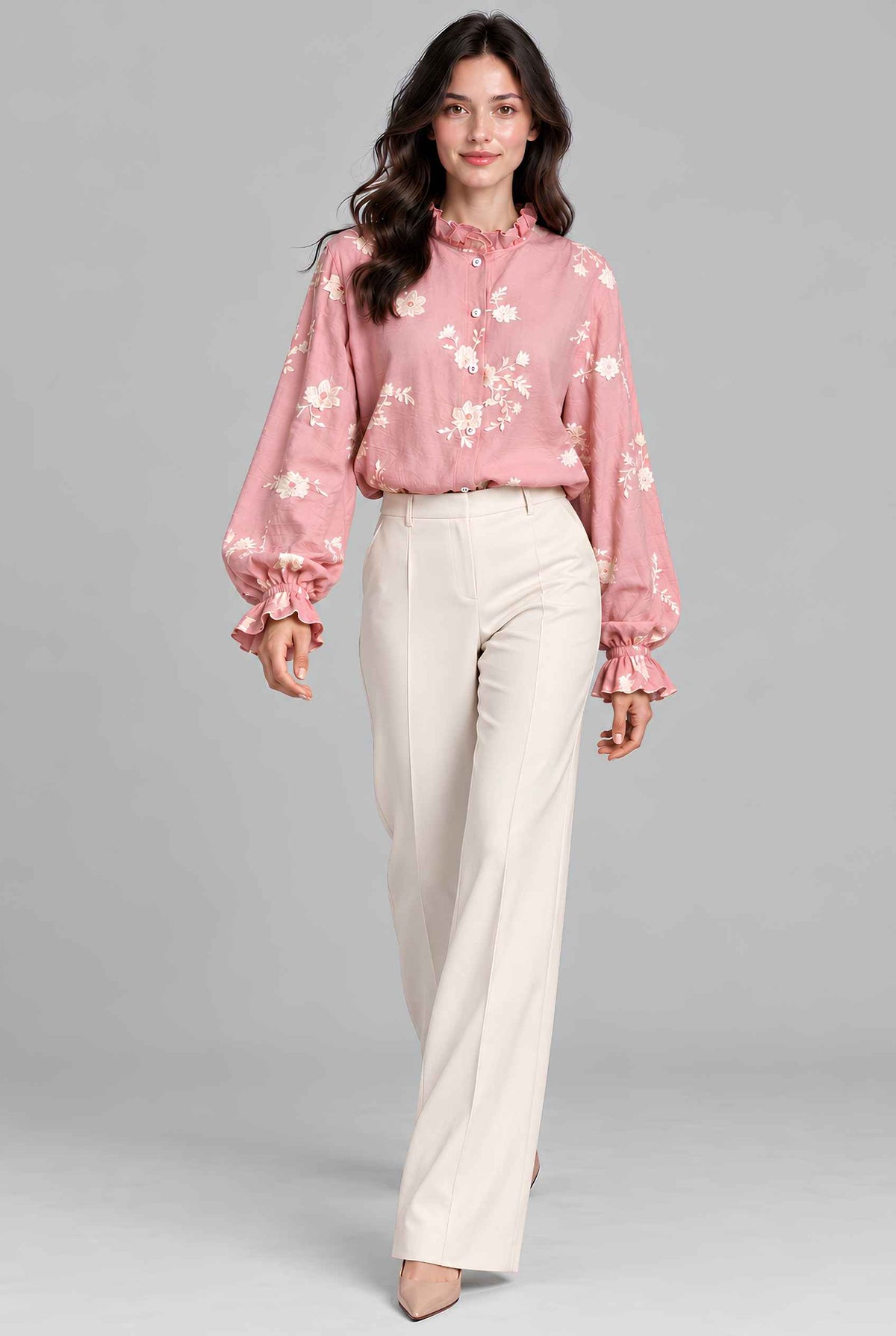 Virtual model wearing The Romilly Embroidered Blouse Embroidered Floral Ruffled Blouse Pink