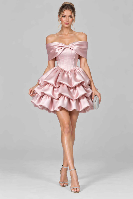 Virtual model wearing The Rosabelle Bow Tiered Dress Satin Tie-Up Corset Mini Ball Gown in Blush