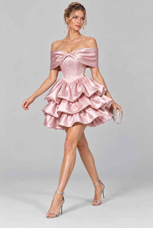 Virtual model wearing The Rosabelle Bow Tiered Dress Satin Tie-Up Corset Mini Ball Gown in Blush