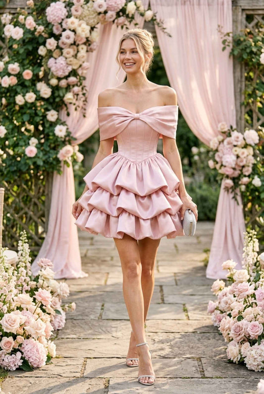 Virtual model wearing The Rosabelle Bow Tiered Dress Satin Tie-Up Corset Mini Ball Gown in Blush