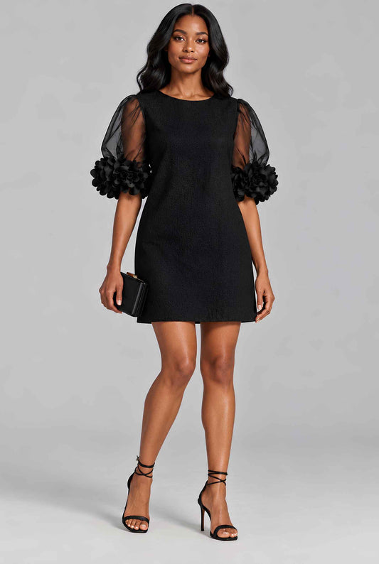 Virtual model wearing The Rosalie Floral Sleeve Dress 3D Floral Sleeve Mini Shift Dress in Black