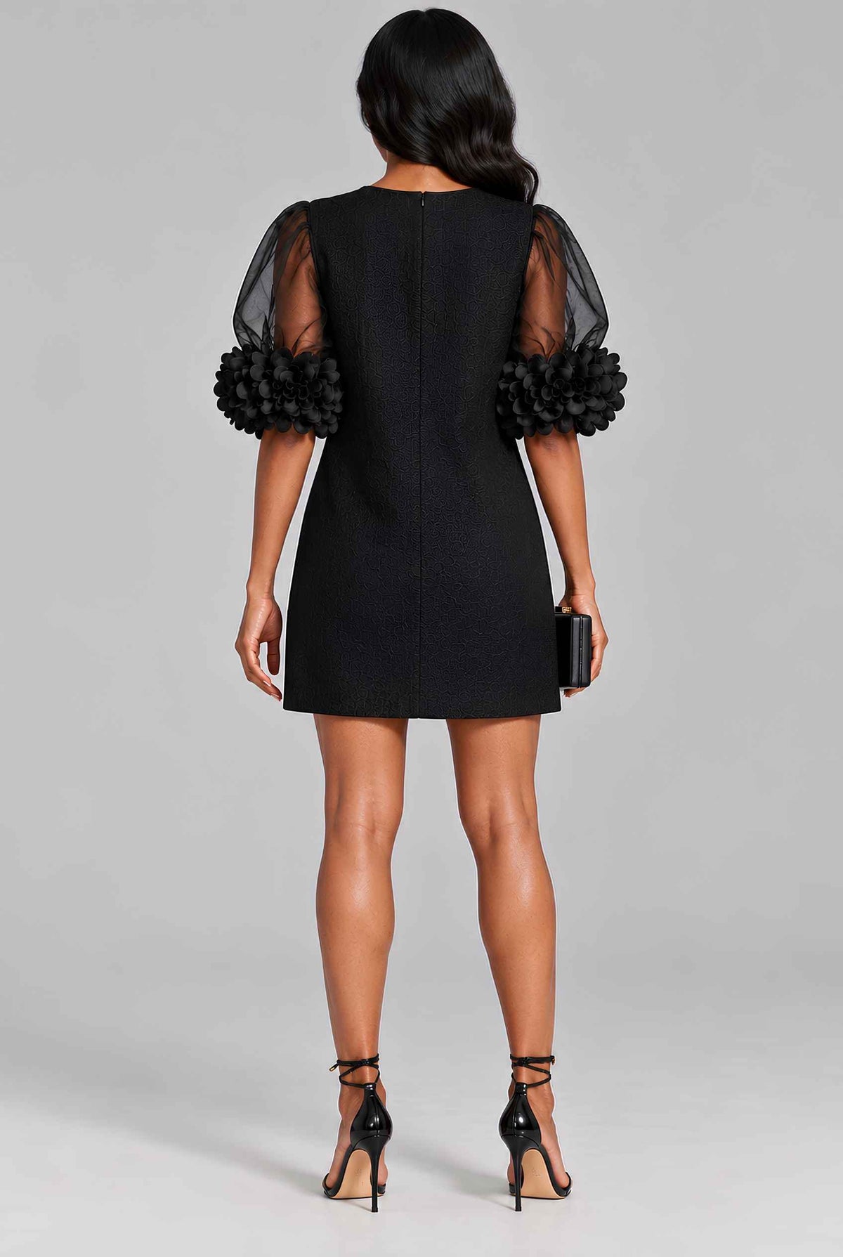 Virtual model wearing The Rosalie Floral Sleeve Dress 3D Floral Sleeve Mini Shift Dress in Black