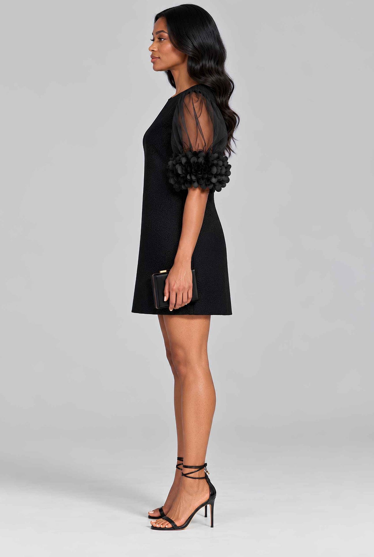Virtual model wearing The Rosalie Floral Sleeve Dress 3D Floral Sleeve Mini Shift Dress in Black