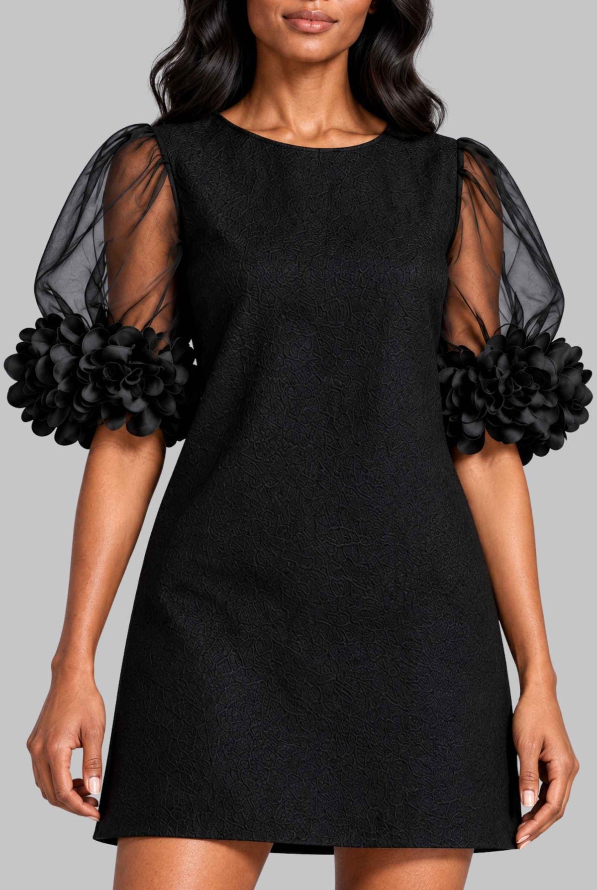 Virtual model wearing The Rosalie Floral Sleeve Dress 3D Floral Sleeve Mini Shift Dress in Black