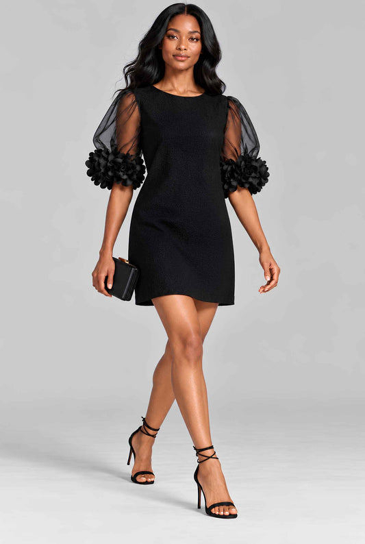 Virtual model wearing The Rosalie Floral Sleeve Dress 3D Floral Sleeve Mini Shift Dress in Black