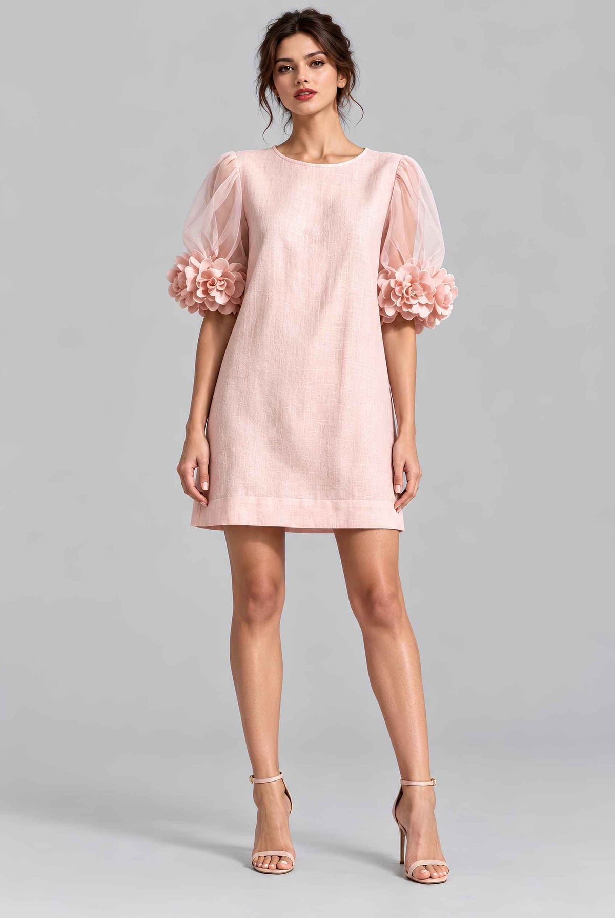Virtual model wearing The Rosalie Floral Sleeve Dress 3D Floral Sleeve Mini Shift Dress in Blush