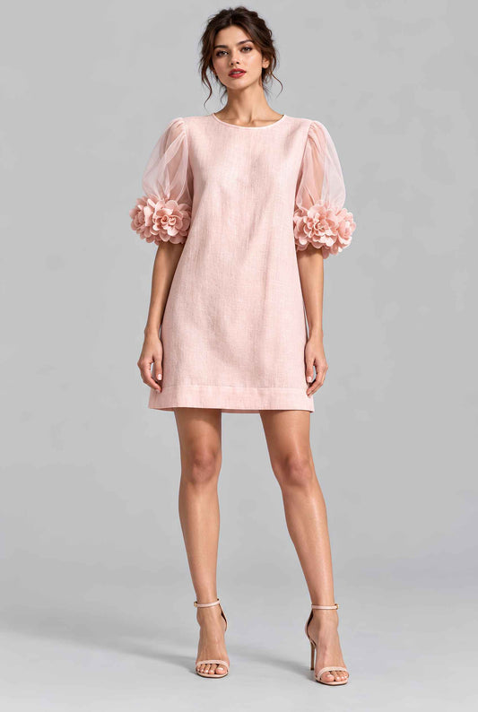 Virtual model wearing The Rosalie Floral Sleeve Dress 3D Floral Sleeve Mini Shift Dress in Blush