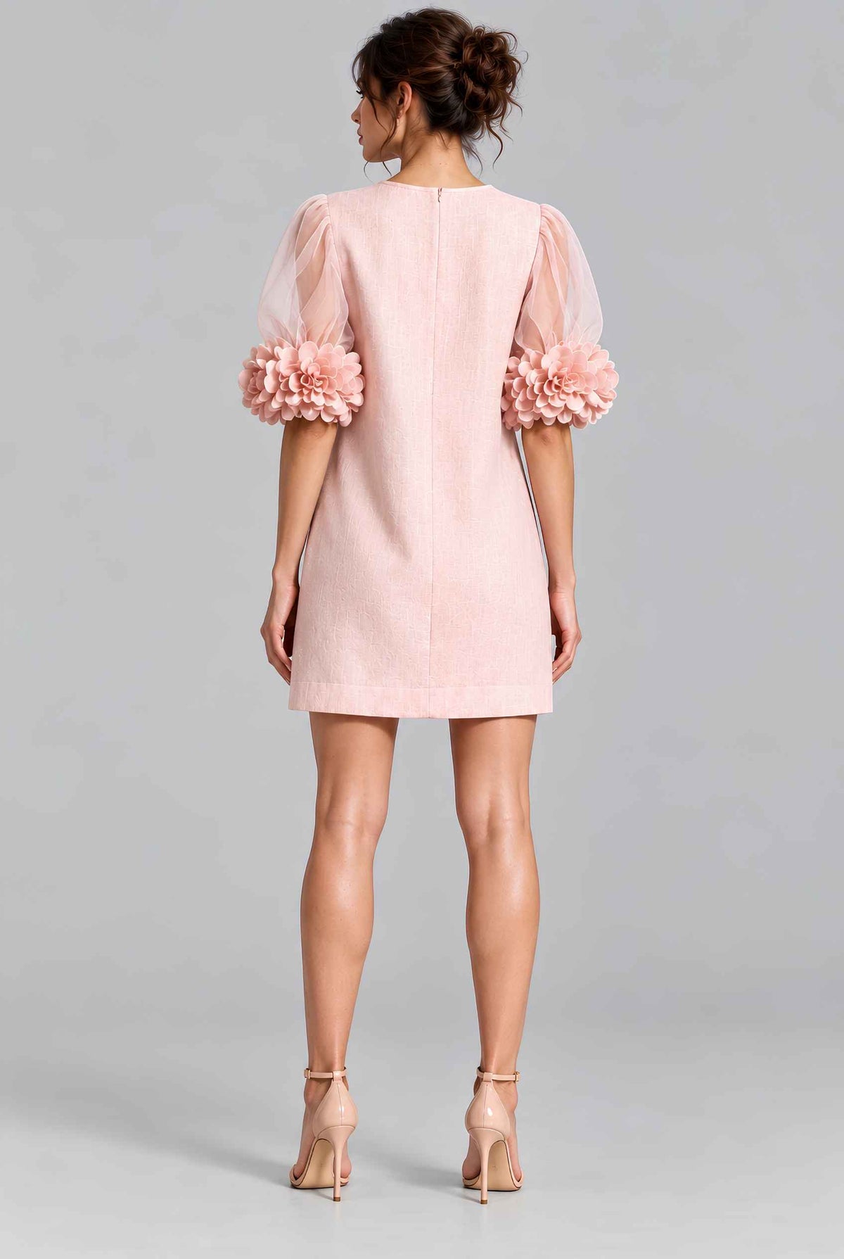 Virtual model wearing The Rosalie Floral Sleeve Dress 3D Floral Sleeve Mini Shift Dress in Blush