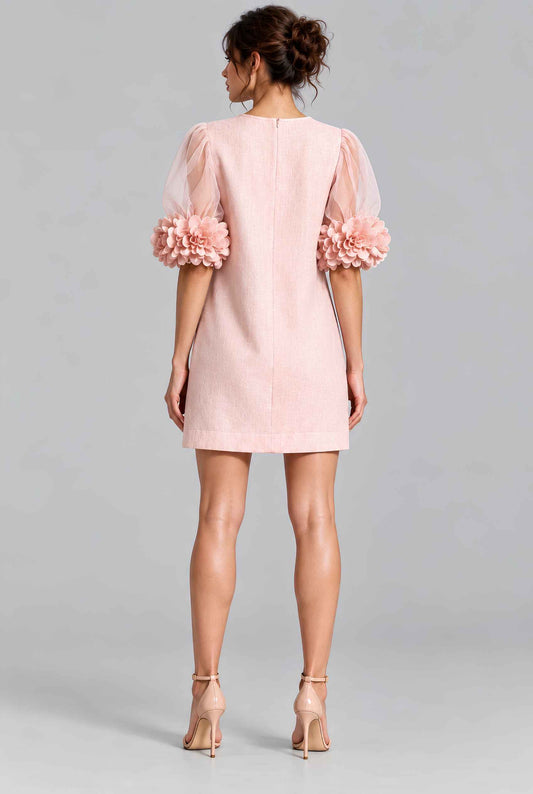 Virtual model wearing The Rosalie Floral Sleeve Dress 3D Floral Sleeve Mini Shift Dress in Blush