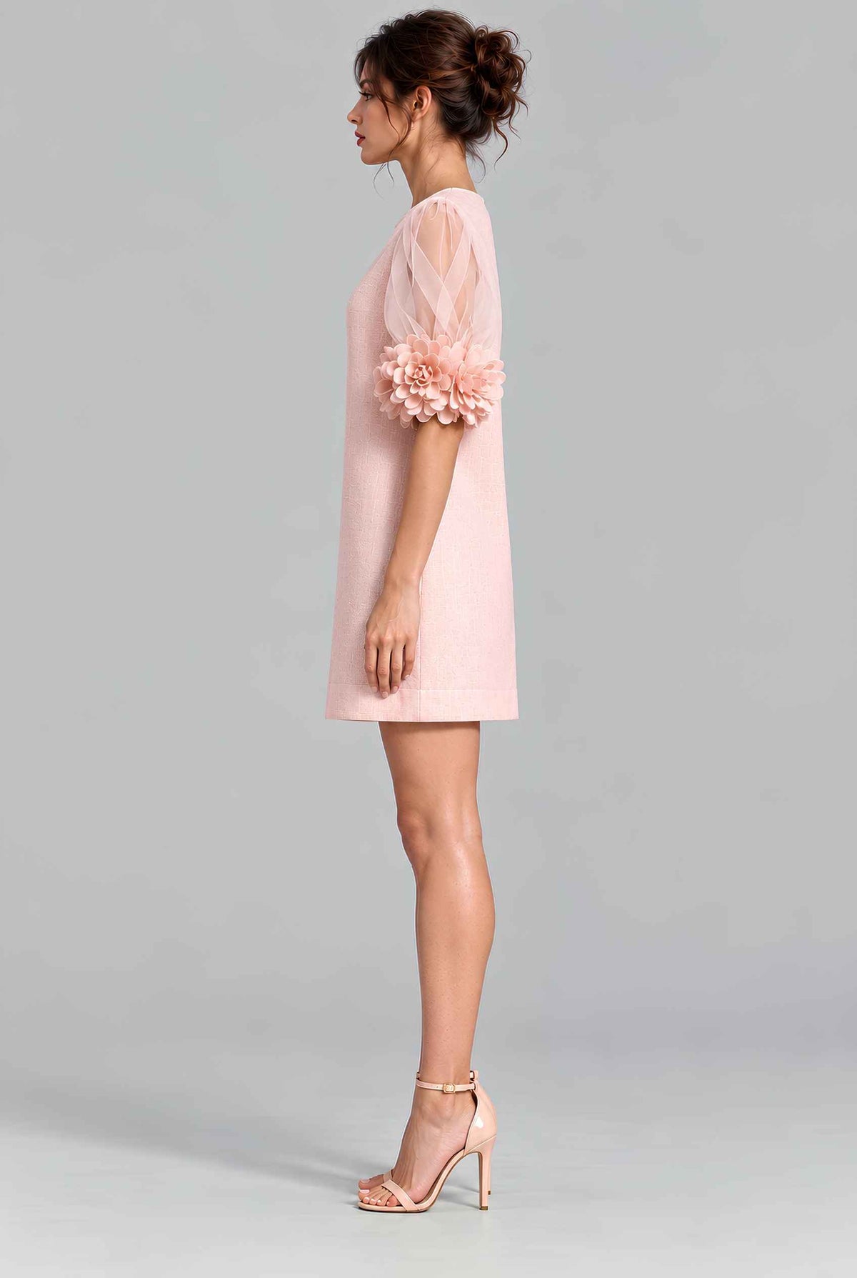 Virtual model wearing The Rosalie Floral Sleeve Dress 3D Floral Sleeve Mini Shift Dress in Blush