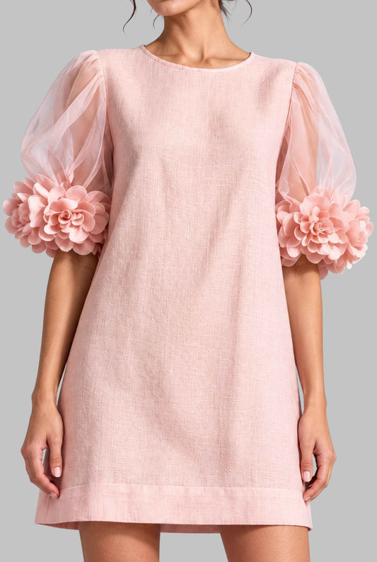 Virtual model wearing The Rosalie Floral Sleeve Dress 3D Floral Sleeve Mini Shift Dress in Blush